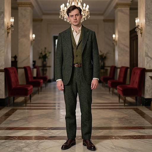Man in Tweed Suit in Marble Foyer