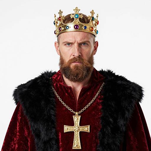 Photograph of a bearded man with blue eyes, wearing a jeweled gold crown, black fur-trimmed red velvet robe, and a gold