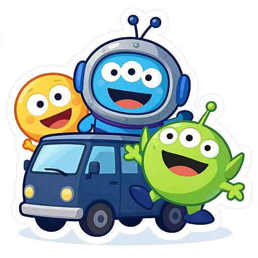 Cartoon-style drawing of three cheerful, colorful aliens (blue, orange, green) riding on a blue van, smiling and waving. Bright, playful