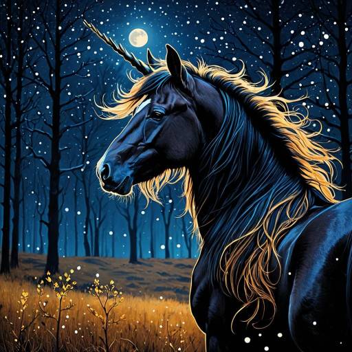 Mystical Black Unicorn Under Moonlit Night