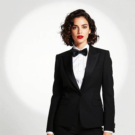Photograph of a confident woman with wavy dark hair, red lipstick, wearing a black tuxedo with bow tie, white shirt, against a