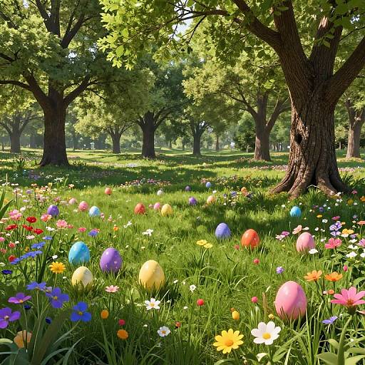 Colorful Easter Meadow with Flowers and Trees