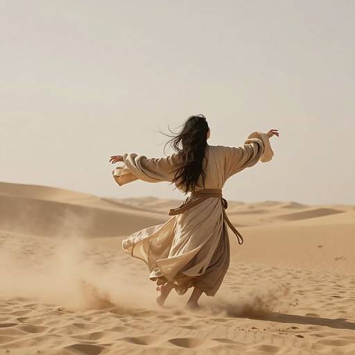 Photograph of a woman with long black hair, in a flowing beige robe, dancing joyfully in a sunlit desert with sand kicking up behind her