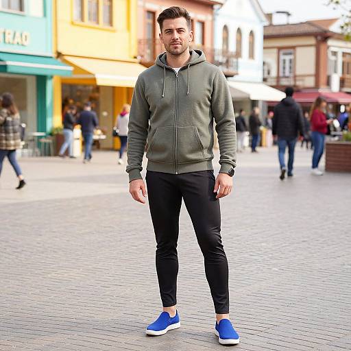 Photograph of a bearded, dark-haired man in a green hoodie, black pants, and blue slip-on sneakers, standing on a bustling, cob