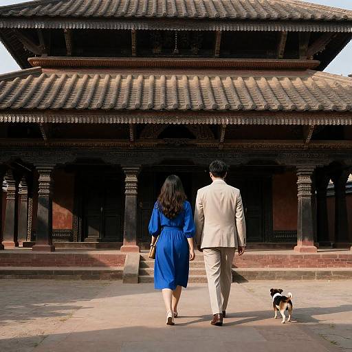 Sunlit Couple in Ancient Temple Courtyard