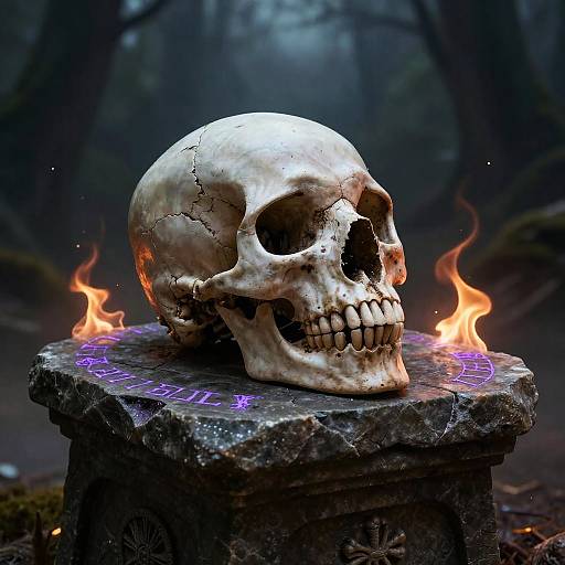 Photorealistic digital artwork: A cracked, white skull with glowing purple runes sits on a mossy stone, surrounded by small, flickering orange flames