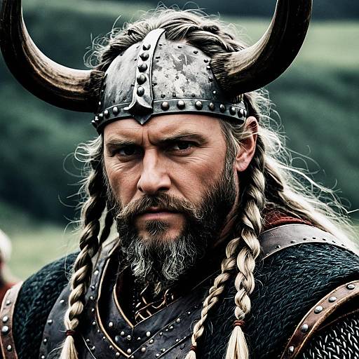 Photograph of a rugged Viking warrior with long braided hair, black beard, and metal horned helmet, wearing armored, studded clothing.