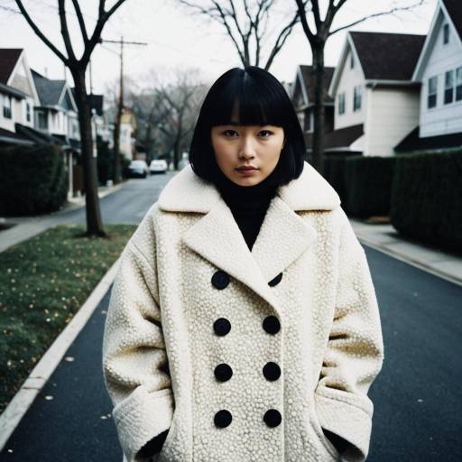 Young Woman in Cream Textured Coat on Suburban Street