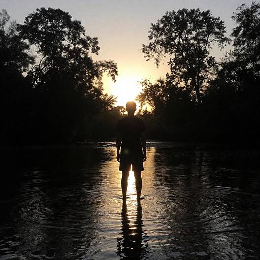 Sunset Silhouette Standing in Shallow Water
