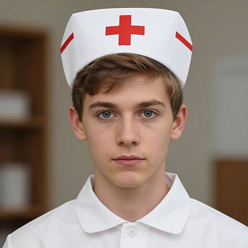Photograph of a young Caucasian male with blue eyes, wearing a white nurse's cap with a red cross, and white uniform, standing in a blurred