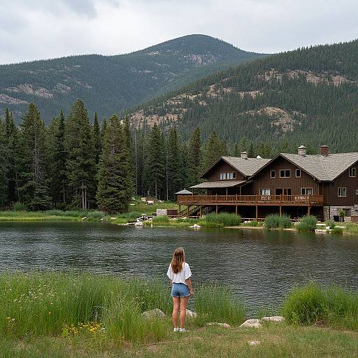 Photograph of a woman in a white shirt and blue shorts standing by a lake, facing a wooden cabin nestled in a forested mountain landscape.