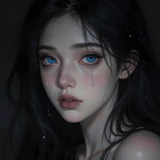 Digital painting of a pale, tearful young woman with striking blue eyes, wet black hair, and delicate features, set against a dark background.