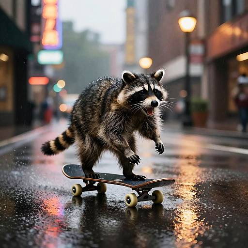 Photograph of a realistic, furry raccoon skateboarding on a wet, urban street at night, with blurred colorful neon lights and street lamps in the