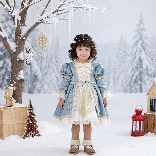 Photograph of a young girl with curly black hair, wearing a blue and white winter dress, standing in a snowy, winter forest scene with a tree