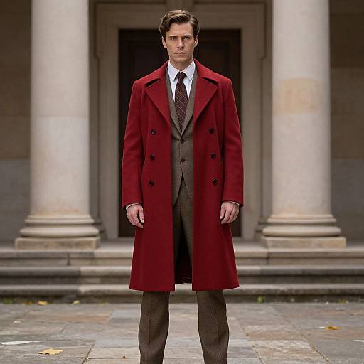Photograph of a serious-looking man in a long, bright red double-breasted coat, brown suit, white shirt, and black tie, standing in