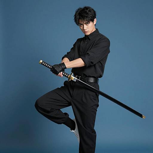 Confident Young Man with Katana Pose