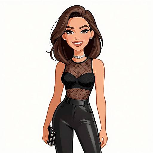 Digital illustration of a smiling, brown-haired woman with fair skin, wearing a black mesh top, high-waisted black leather pants, and a silver