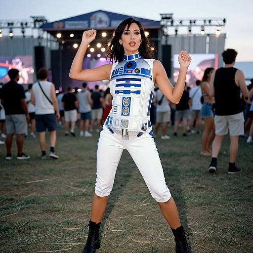 Photograph of a woman with long black hair, wearing a white and blue 