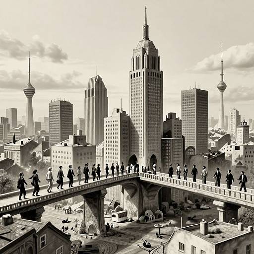 Black-and-white digital illustration of a bustling cityscape with people crossing a bridge over a street filled with vehicles and debris. Tall skyscrapers, including
