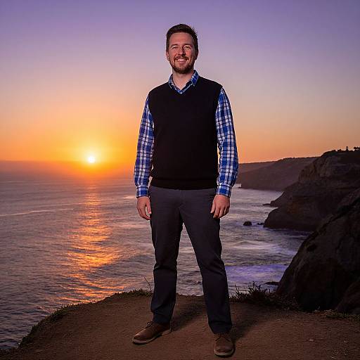 Smiling Man on Coastal Cliff at Sunset