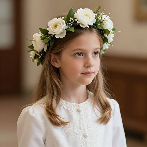 Photograph of a young girl with fair skin, light brown hair, wearing a white floral headband and an embroidered white dress, standing indoors with a