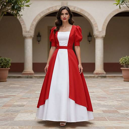 Photograph of a woman with dark hair, red lipstick, and medium skin tone, wearing a white and red dress with puffed sleeves, standing in
