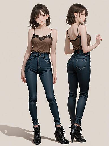 Digital anime-style illustration of a slender Asian woman with short black hair, wearing a brown lace-trimmed tank top and high-waisted blue jeans