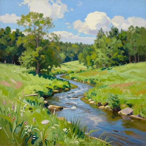 Digital painting of a vibrant, sunny meadow with a winding stream, lush green grass, wildflowers, and trees under a bright blue sky.