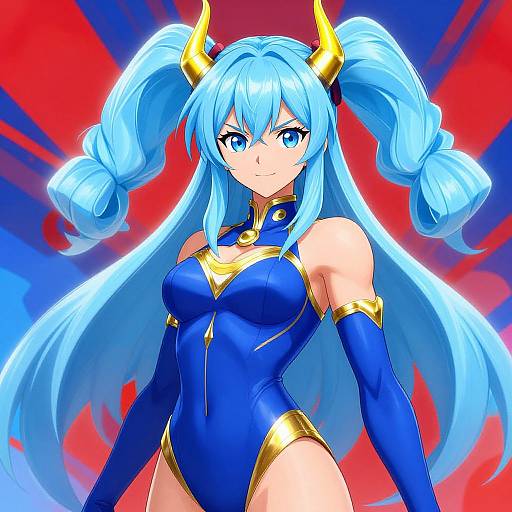 Digital anime-style drawing of a blue-haired, blue-eyed woman with golden horns, wearing a tight blue and gold outfit, standing confidently against a vibrant red