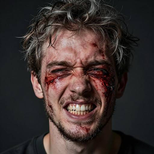 Grimacing Man with Bloody Face and Disheveled Hair