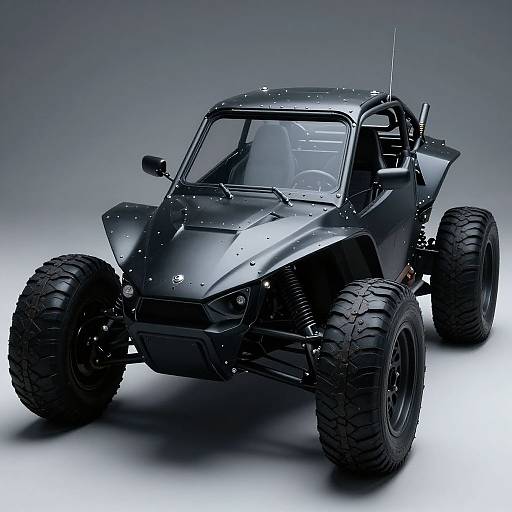 Photograph of a sleek, matte-black, four-wheeled off-road vehicle with large, rugged tires, a futuristic design, and a minimalist interior