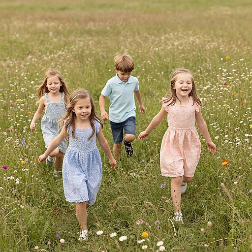 Photograph of three children—two girls in dresses and one boy in a shirt—running joyfully through a colorful, wildflower-filled meadow.