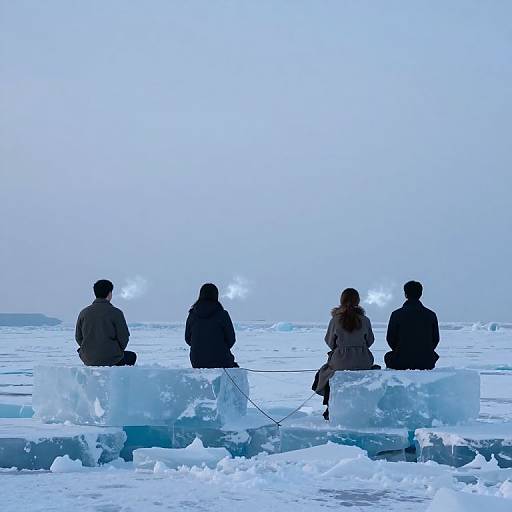 Photograph of four silhouetted people sitting on ice blocks in a vast, icy blue frozen landscape, tethered together, under a clear,