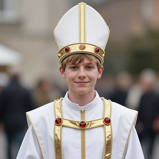 Photograph of a young, fair-skinned boy in a white and gold church vestment with red gems, wearing a tall, ornate mitre