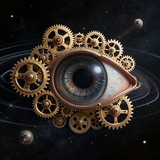 Digital artwork of a detailed, blue-eyed, golden gear-encircled eye floating in space with stars and planets in the background.