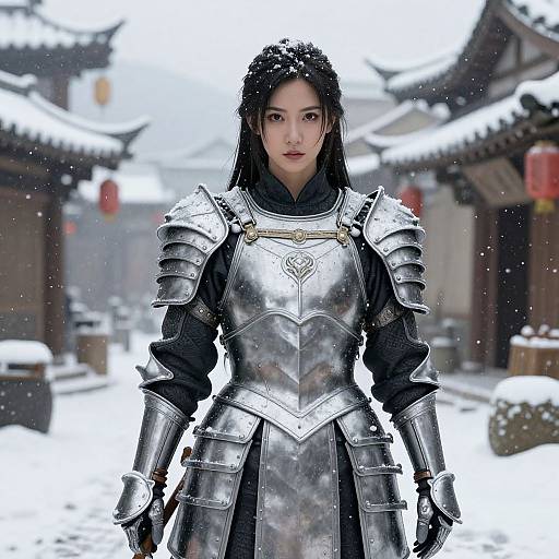 Photorealistic image of an Asian woman in silver medieval armor standing in a snowy, traditional East Asian village street.