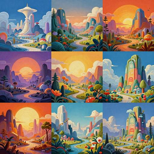 Vibrant digital illustration of surreal, colorful landscapes with towering spires, sunsets, and diverse vegetation, featuring bright oranges, blues, and greens