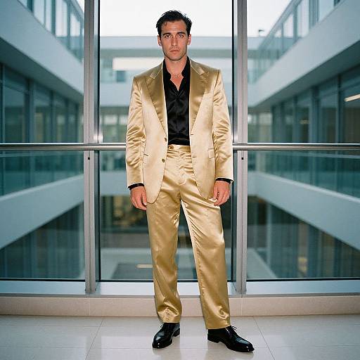 Photograph of a handsome man with short dark hair, wearing a shiny gold suit, black shirt, and black shoes, standing in a modern glass-w