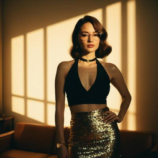Elegant Woman in Black Halter Top and Sequined Skirt