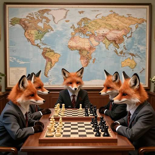 Anthropomorphic Foxes Playing Diplomatic Chess