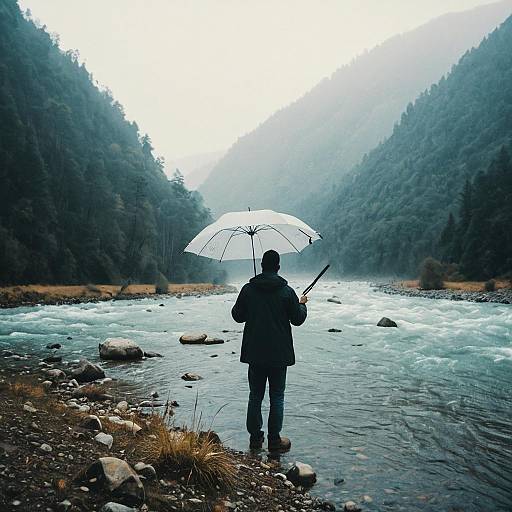 Man with Umbrella by Mountain River