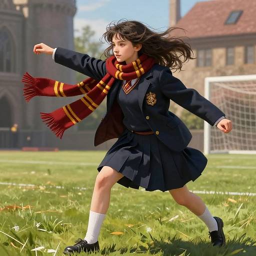 Digital artwork of a schoolgirl in a navy uniform, red scarf, and black shoes, running on a grassy soccer field with a castle and goal