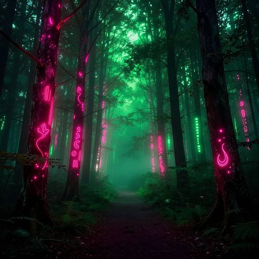 Mysterious forest photograph with neon pink and green glowing lights on trees, creating an ethereal, otherworldly atmosphere. Dense foliage and mist enhance the