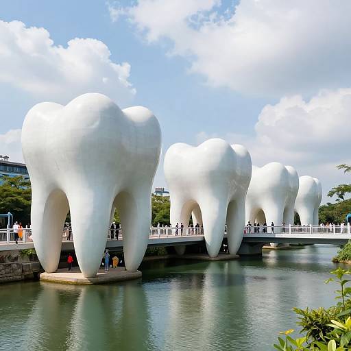 Photograph of a white, modernist, tooth-shaped sculpture bridge over a calm river with people walking on it, under a blue sky with clouds.