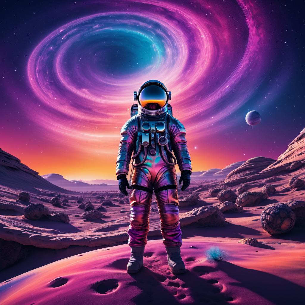 Surreal Astronaut on Distant Planet at Sunset