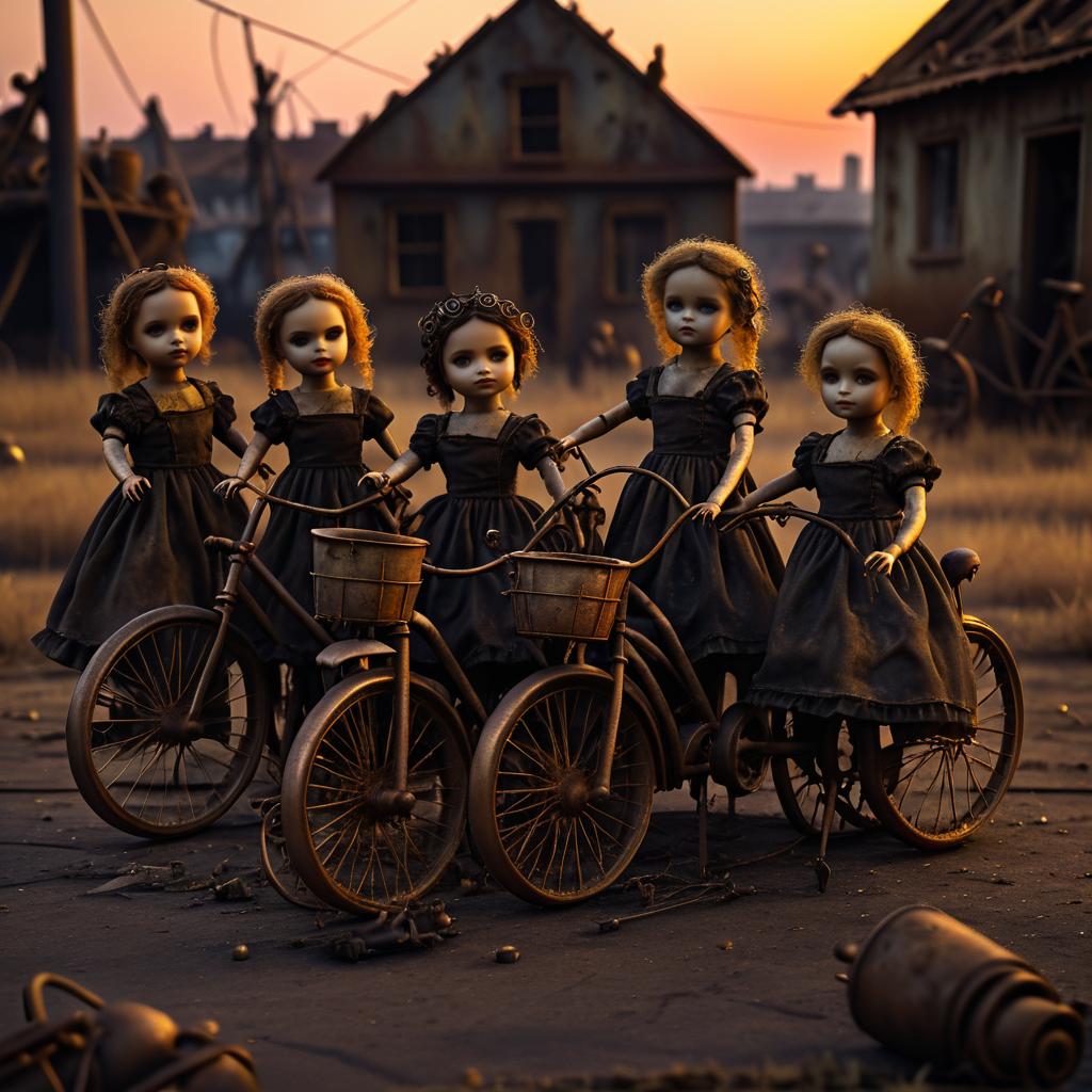 Eerie Dolls Around a Rusty Bicycle