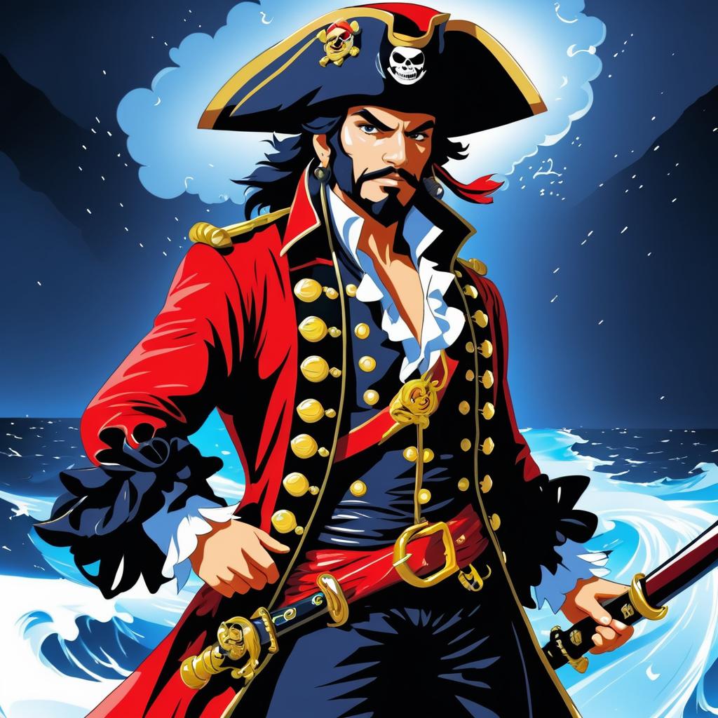 Flamboyant Pirate Captain in Stormy Seas