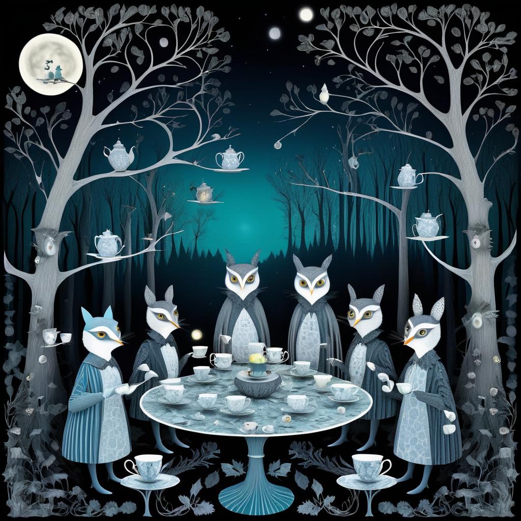 Whimsical Owl Tea Party in Moonlight