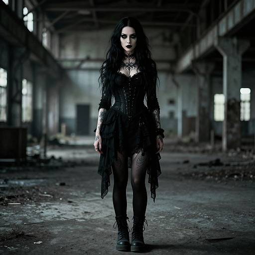 Gothic woman with long black hair, dark lipstick, lace corset, and tattered skirt stands in a dimly lit, abandoned warehouse.