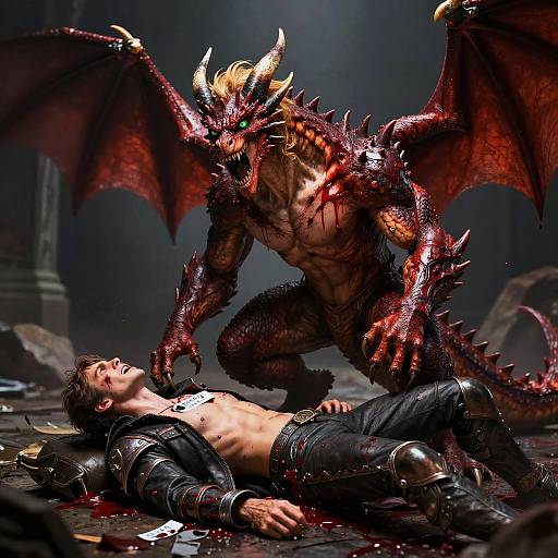 CGI fantasy battle: muscular red dragon with horns and wings looms over a bloodied, armored, shirtless man lying on a dark, blood